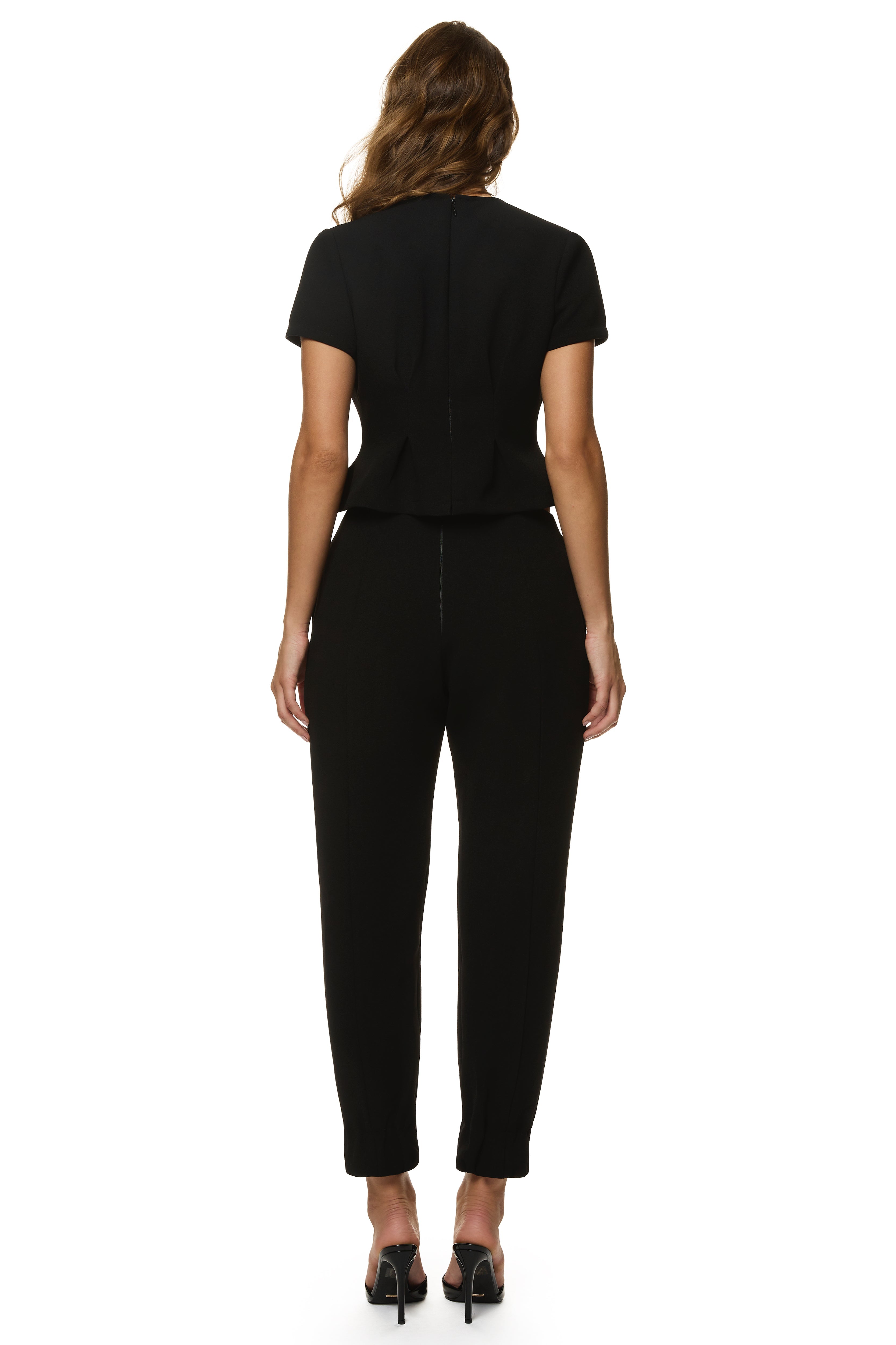 Everyday Cuffed Trouser in heavyweight crepe with high waist, straight leg, cuffed hem, and angled pockets, styled with Everyday Blouse as a matching set.